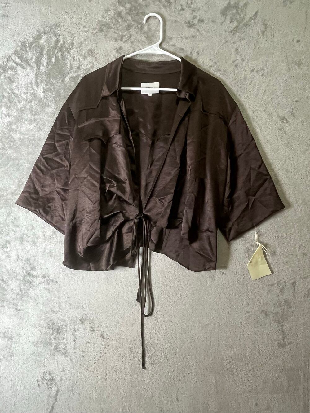 Nanushka Brown Satin Western Wrap Blouse Shirt Large Quiet Luxury Minimalist New